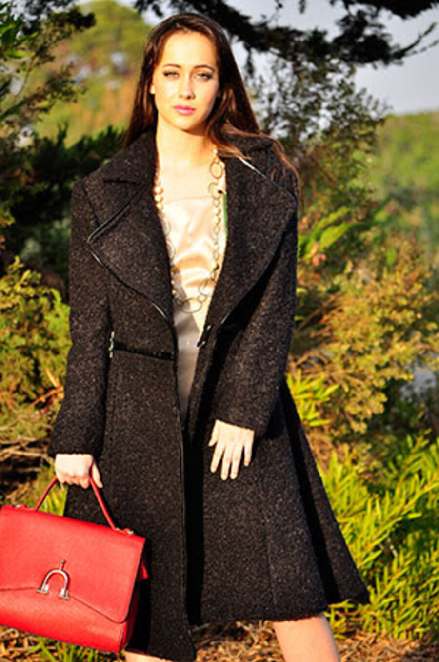 Charcoal wool coat over champagne slip dress