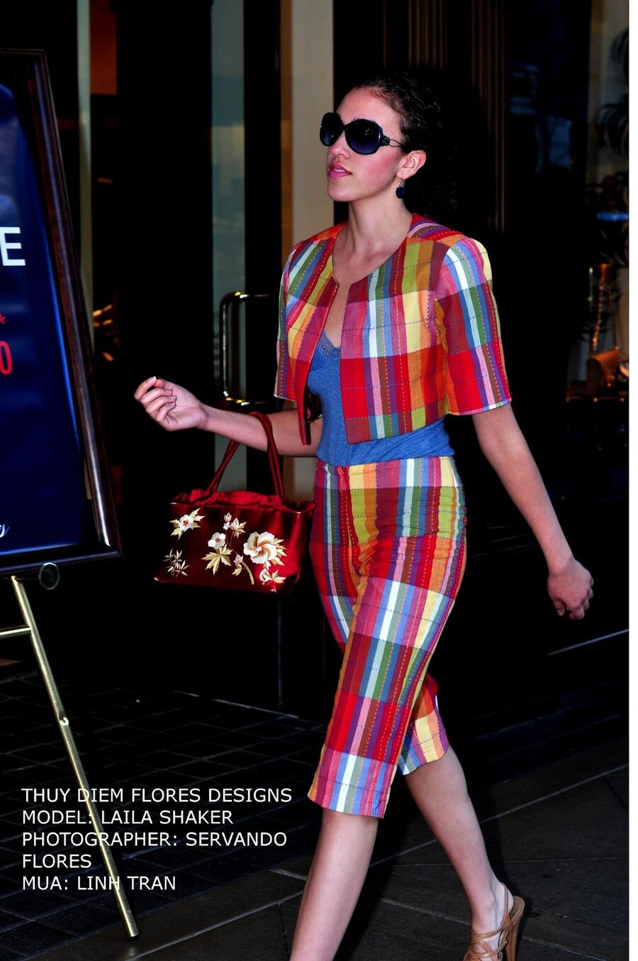Multicolor plaid crop jacket and pencil skirt set with embroidered bag