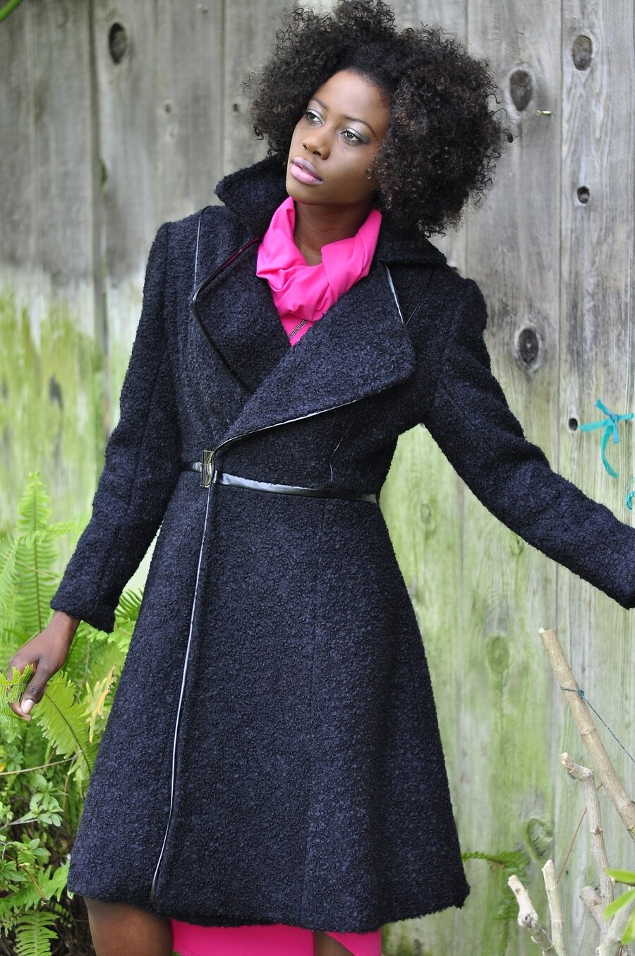 Charcoal wool coat with fuchsia scarf
