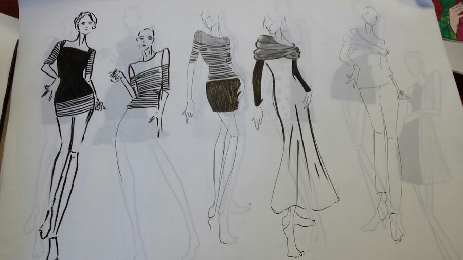 Flat sketch study — striped and draped silhouettes