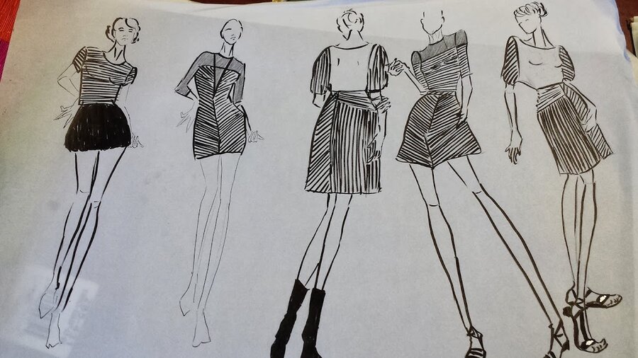 Flat sketch study — striped mini dresses and skirts