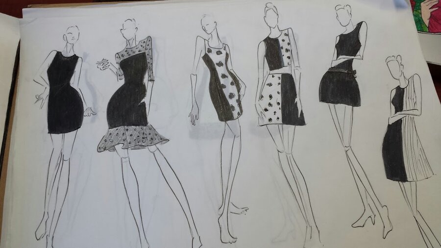 Flat sketch study — fitted dresses in pencil