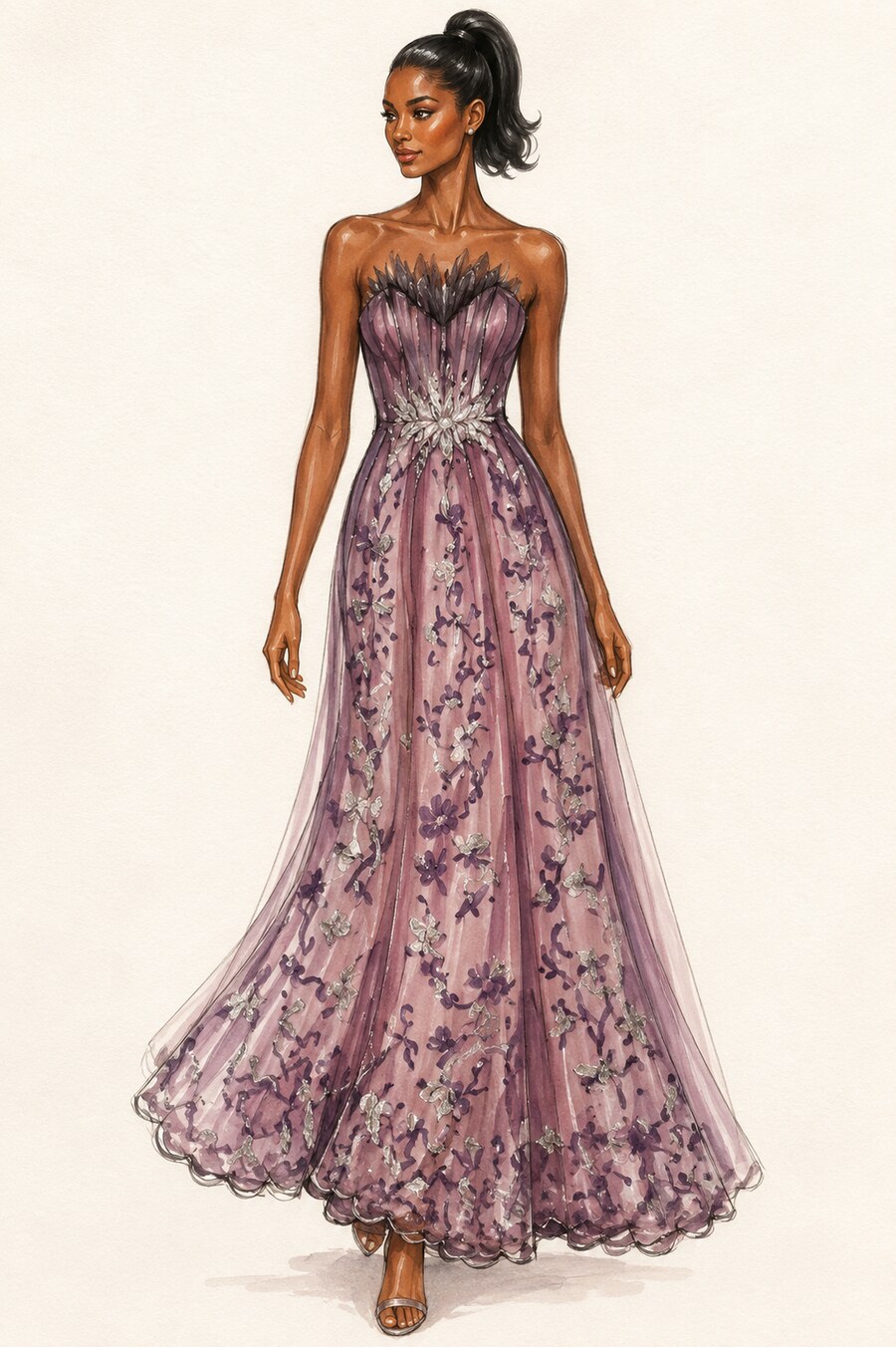 Hand-drawn croquis of a strapless lavender floral evening gown