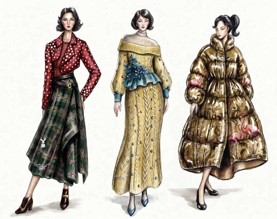 Hand-painted evening wear sketches — polka dot jacket, gold knit gown, flamingo puffer coat