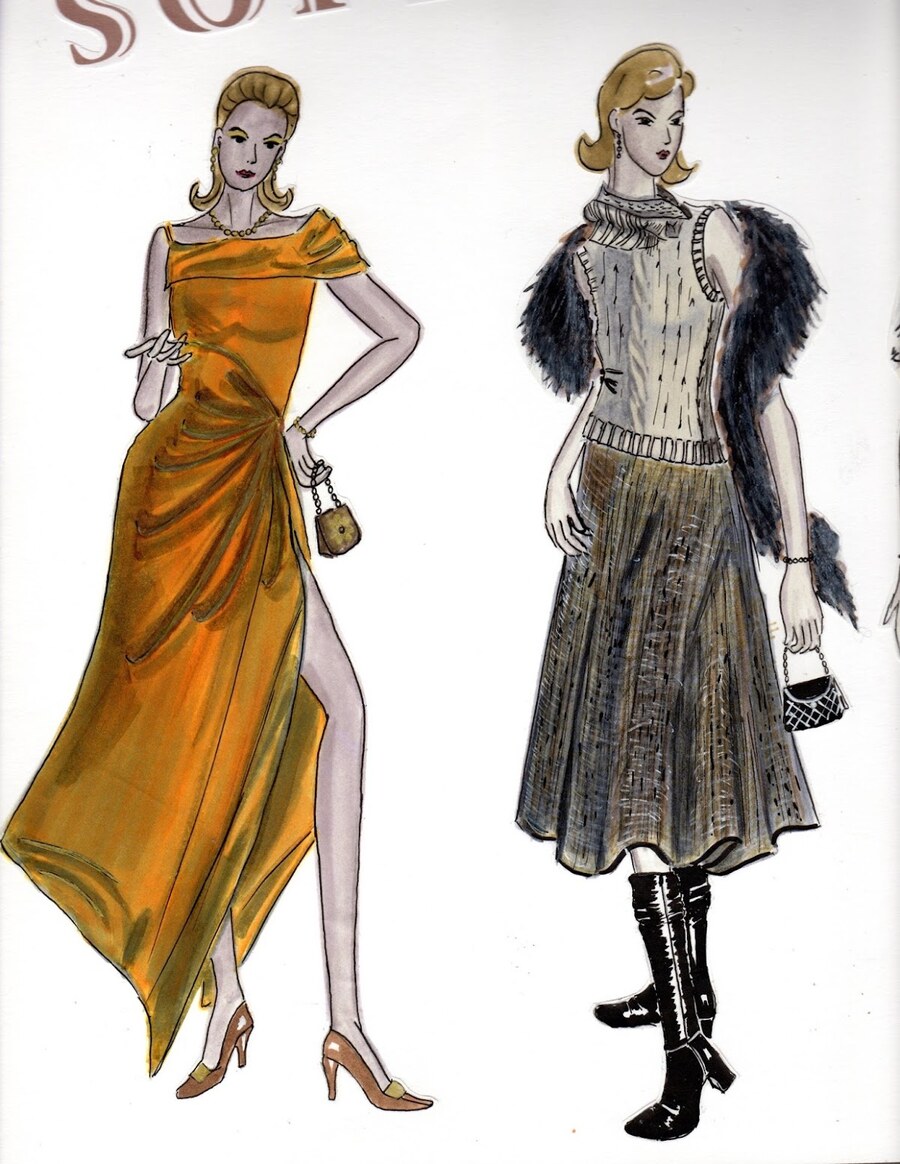 Hand-painted evening wear sketches — orange draped gown and fur-trimmed skirt set