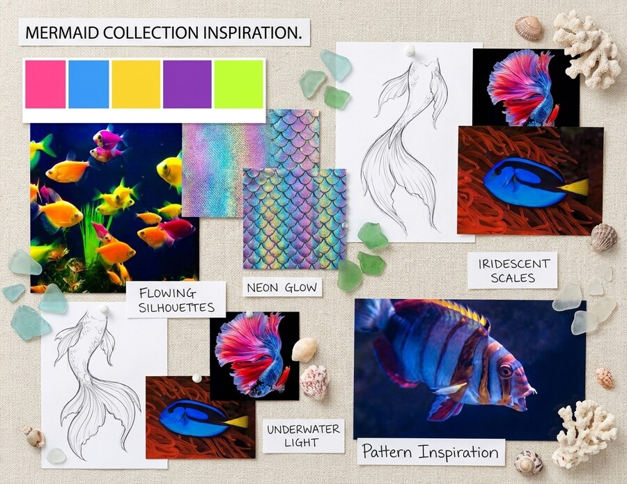 Mermaid Collection Inspiration mood board — flowing silhouettes, neon glow, iridescent scales