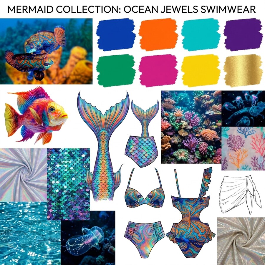 Ocean Jewels Swimwear mood board — mermaid tail and swimsuit flats with color palette