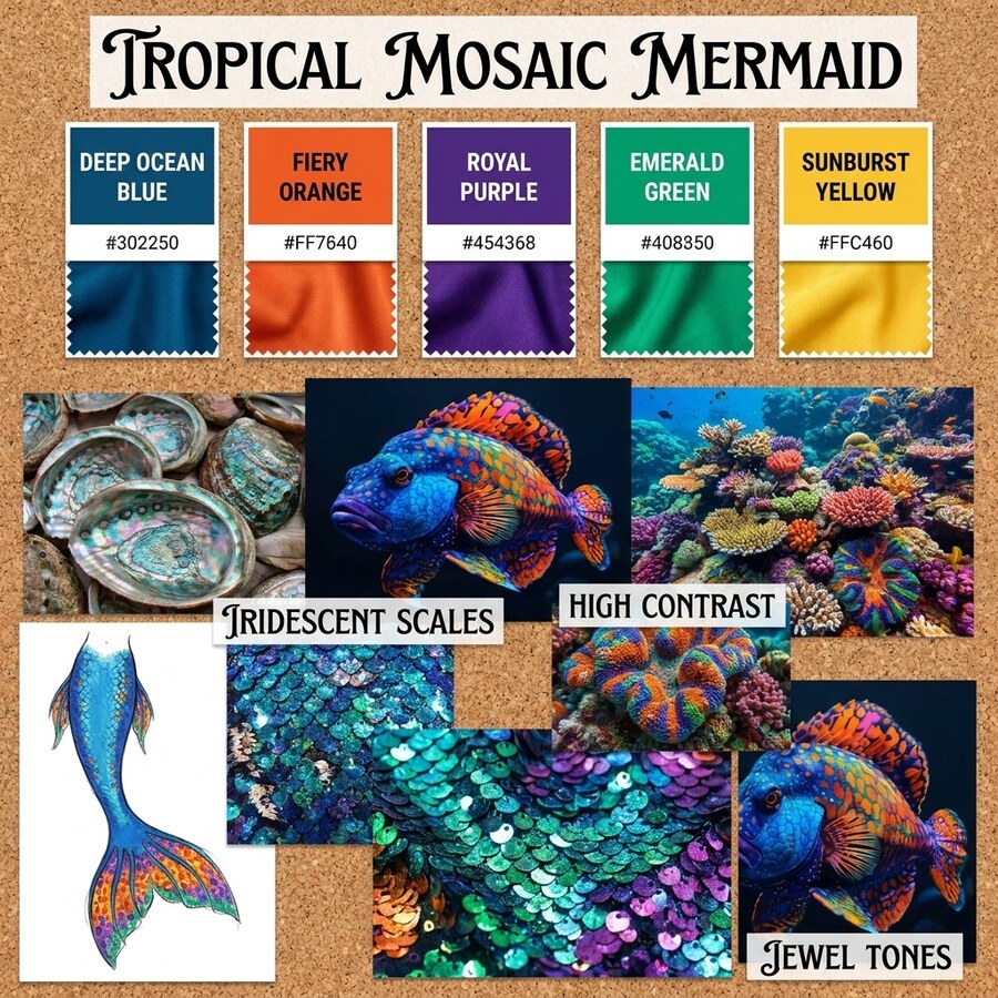 Tropical Mosaic Mermaid mood board — reef fish, coral, and iridescent scale swatches