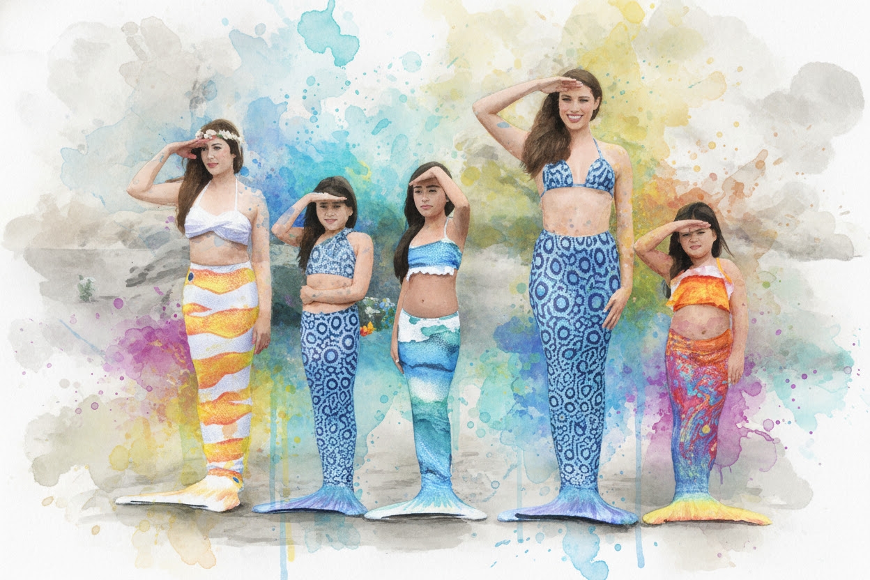 Custom Lexinie mermaid tails on five clients — coral, leopard-print, ombre and rainbow scale designs, watercolor style