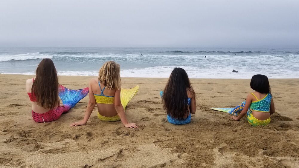 Back view of four mermaid tails sitting on the beach facing the ocean