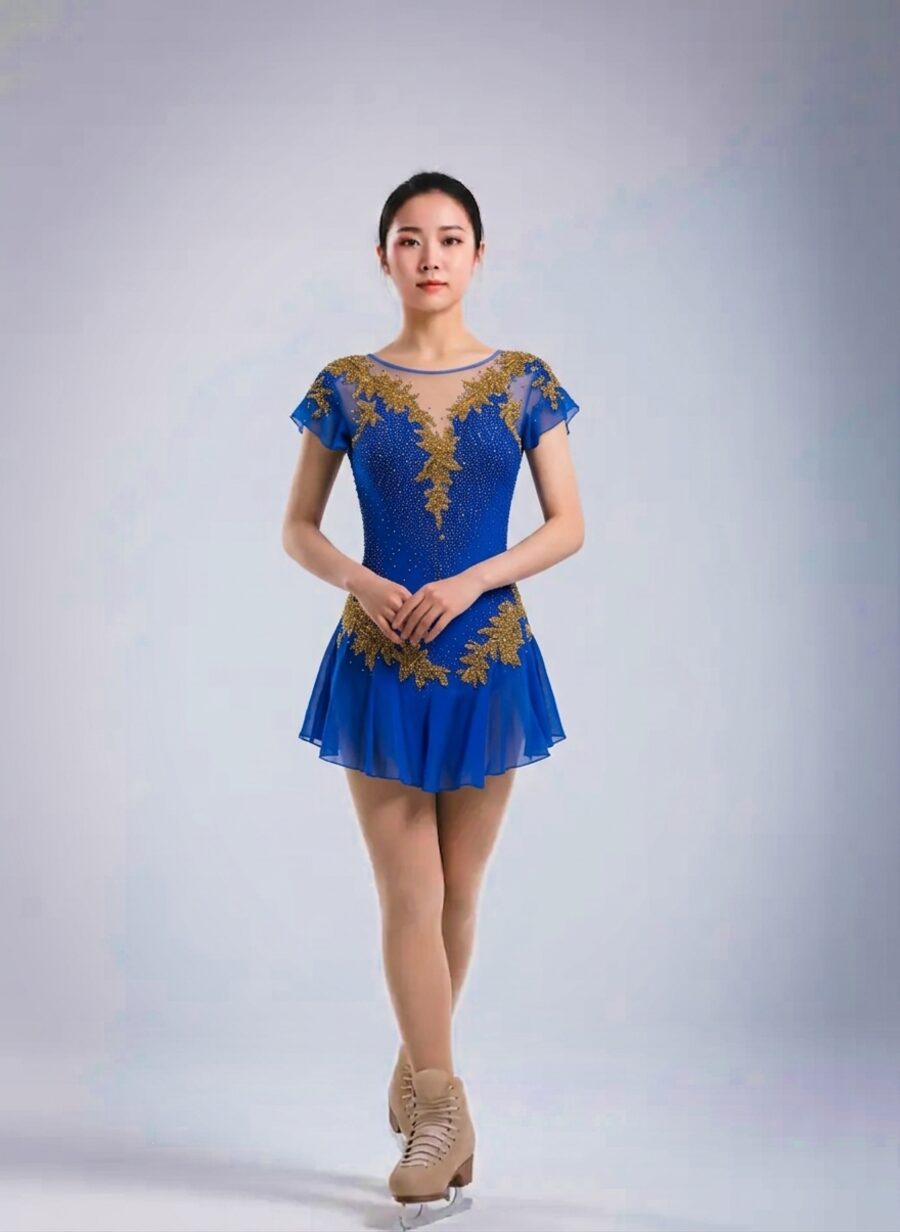 Figure skating competition dress, royal blue with gold beading