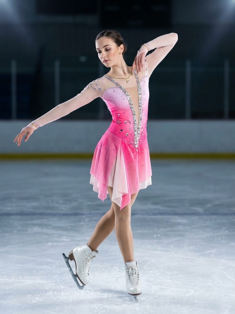 Custom figure skating dress, pink ombre rhinestone, on ice
