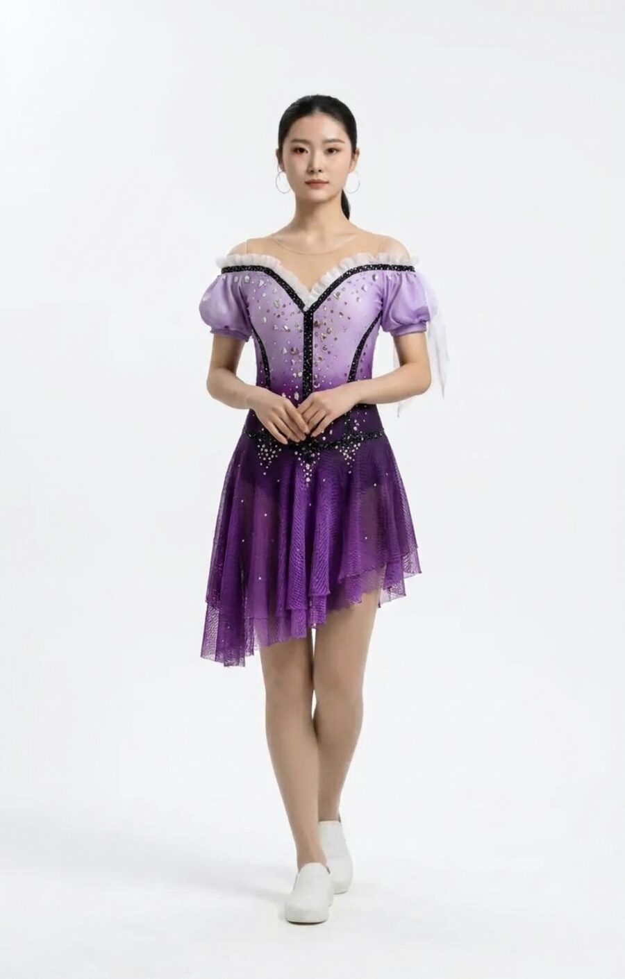 Custom figure skating dress, purple ombre with black trim