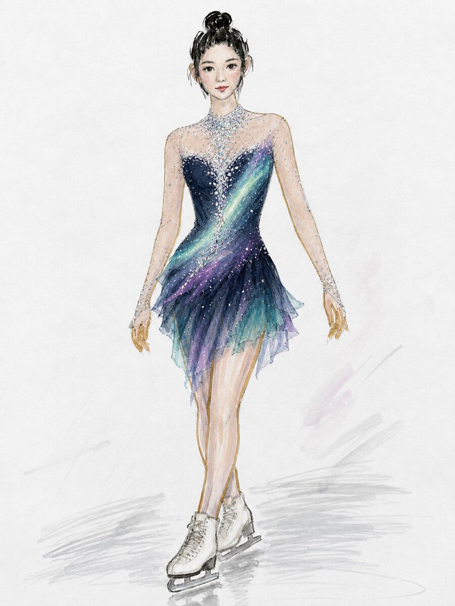 Design sketch — navy competition dress with teal-to-purple aurora ombre swirl and crystal embellishment, asymmetric handkerchief skirt