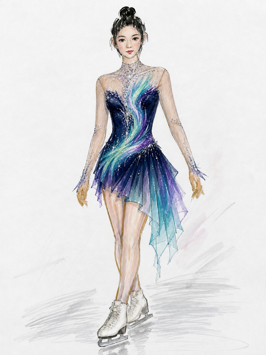 Design sketch — navy competition dress with aurora ombre wave pattern and crystal detailing, layered handkerchief skirt