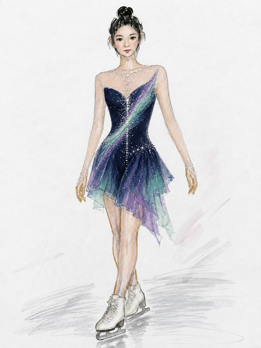 Design sketch — navy competition dress with diagonal aurora ombre stripe and starburst crystal accents