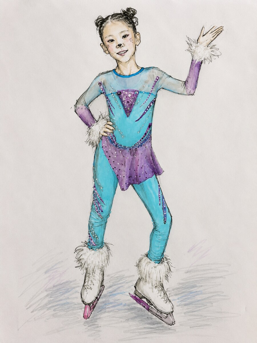 Design sketch — teal and purple cat-themed costume with fur cuffs