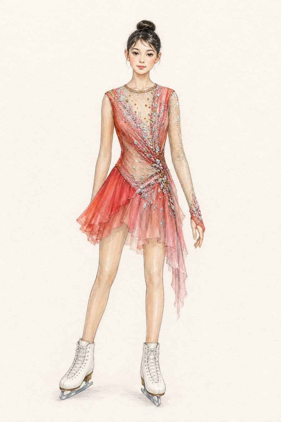 Design sketch — coral beaded competition dress