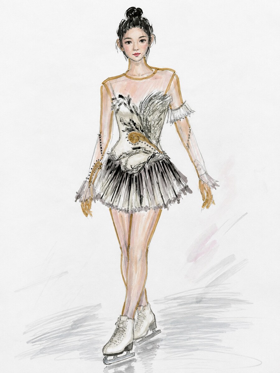 Design sketch — cream and gold competition dress with feather bodice detail and pleated skirt
