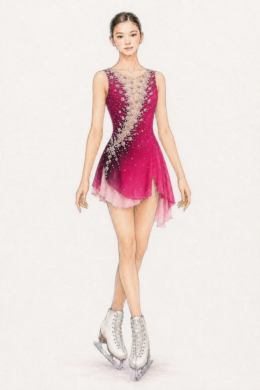 Hand-painted figure skating costume sketch — magenta ombre floral crystal competition dress