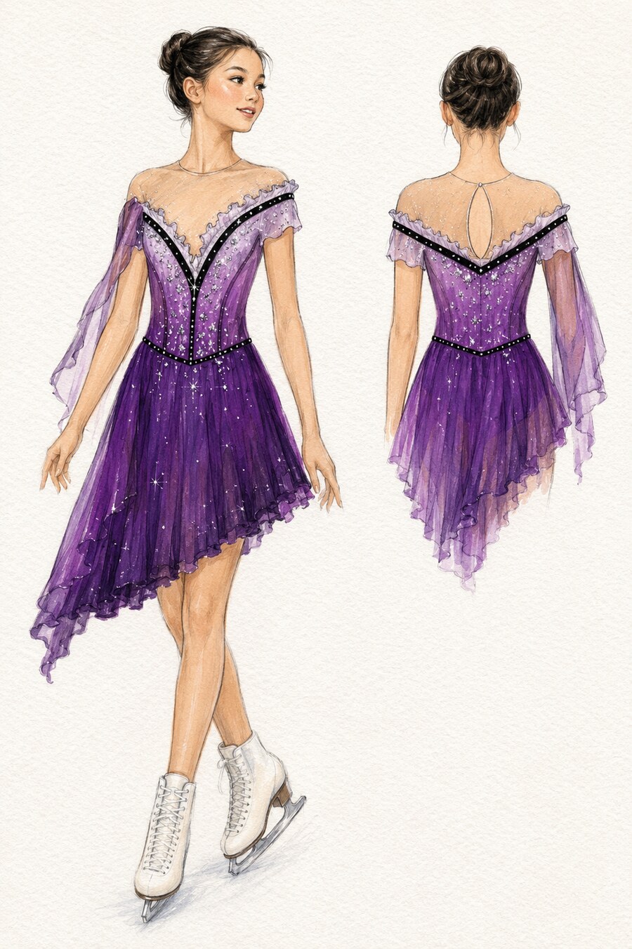 Design sketch — purple asymmetric competition dress, front and back view