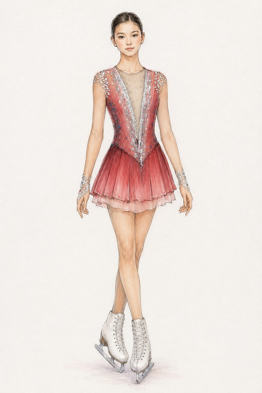 Design sketch — red ombre competition dress with crystal-embellished bodice