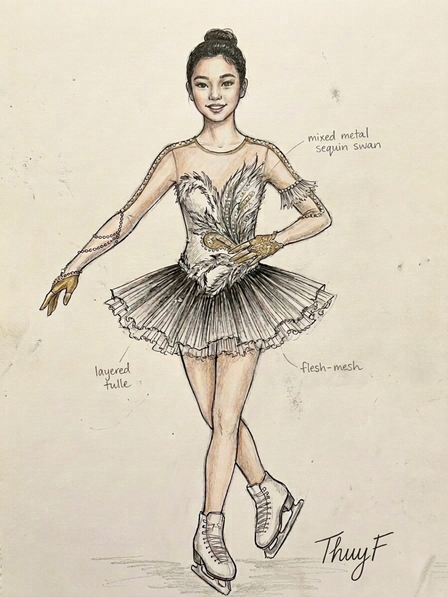 Design sketch — black swan costume with mixed metal sequin bodice, layered tulle skirt, and flesh-mesh sleeves